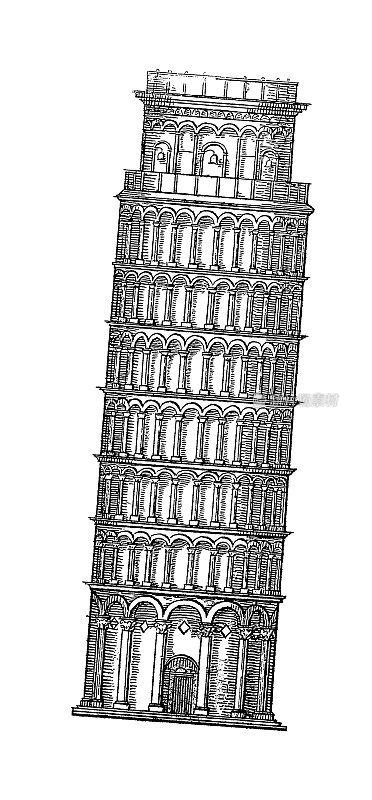 比萨斜塔，意大利|古董建筑插图